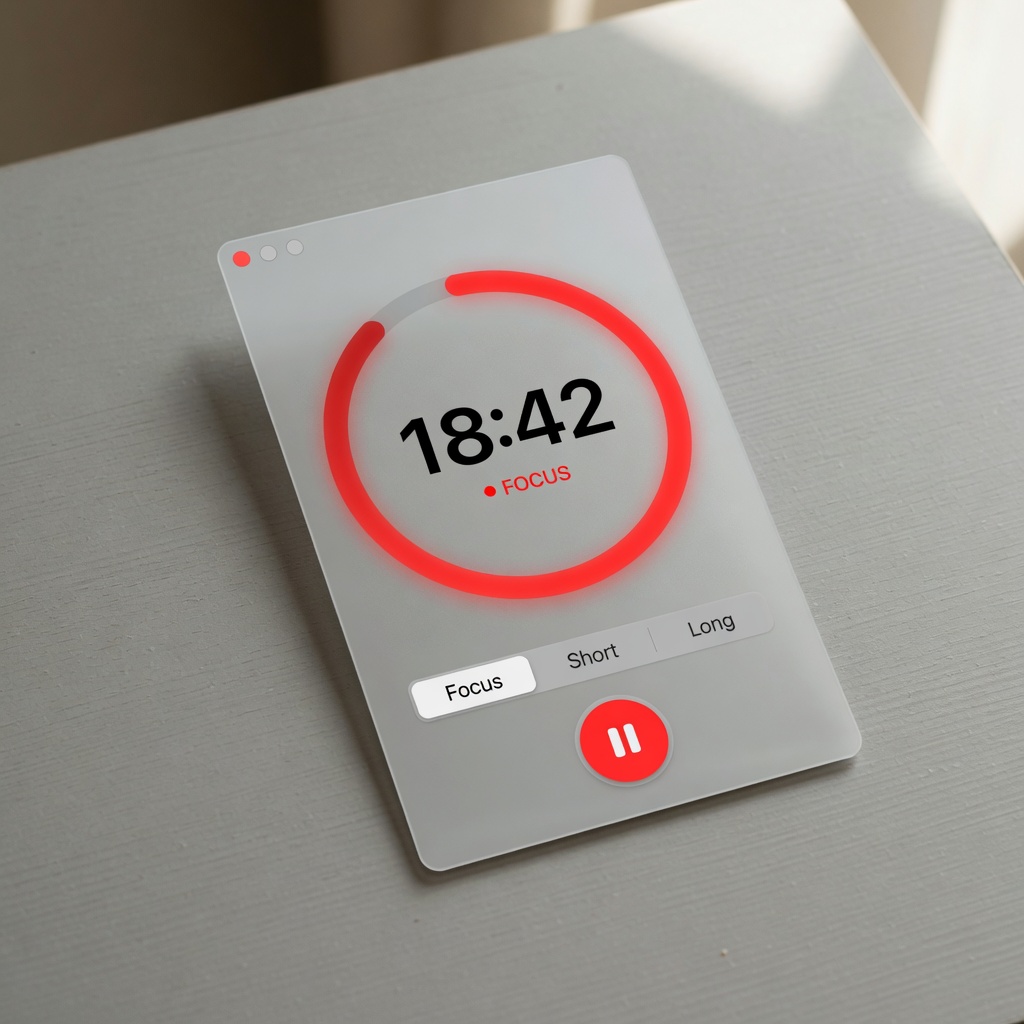 Pomodoro app window with focus ring and timer on a desk